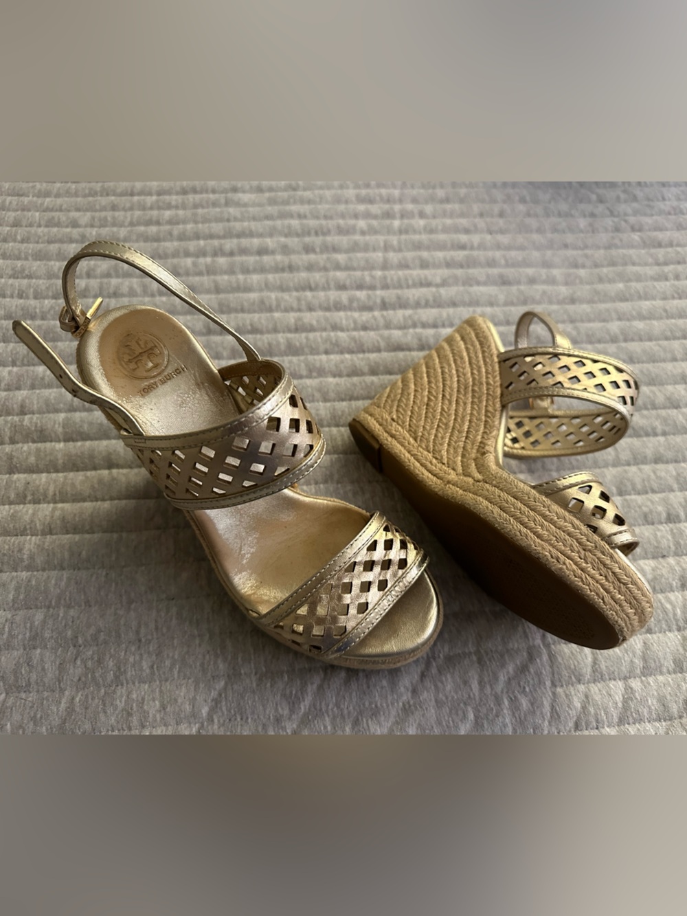 Tory Burch Metallic Gold Wedge Espadrille Sandals
